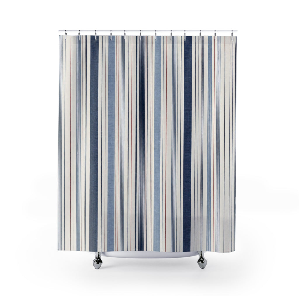 Navy Beige Ticking Stripe Shower Curtain