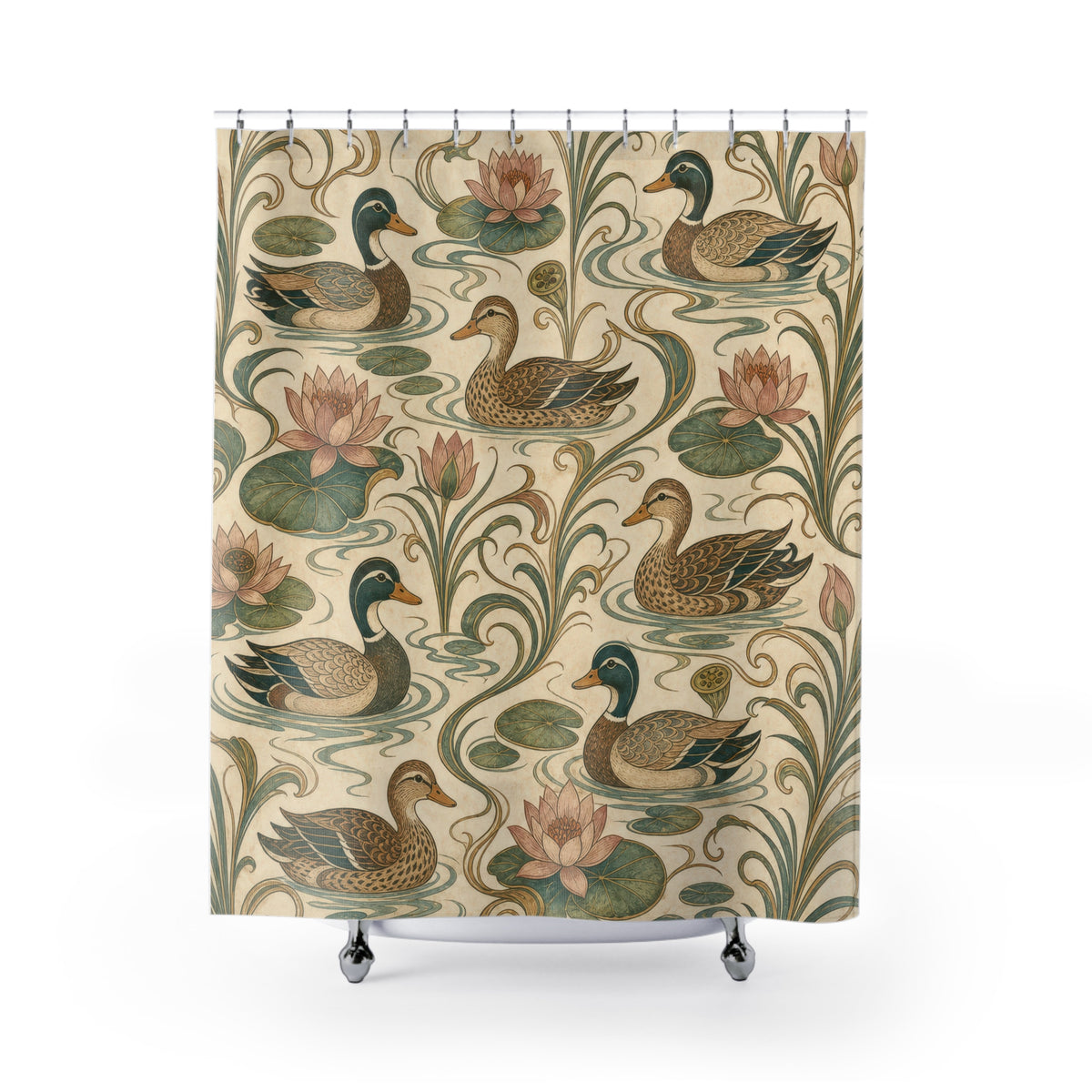 Vintage Mallard Lily Pad duck shower curtain with full front view