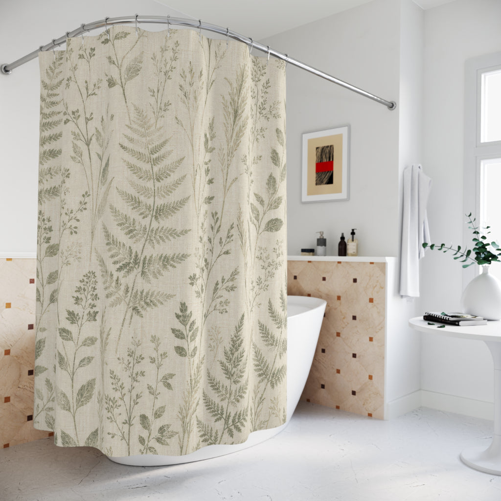 Botanical Shower Curtain, Neutral Fern Bath Decor, Rustic Farmhouse Leaf Pattern, Cream Guest Bathroom Decor, Soft Sage Style Decor
