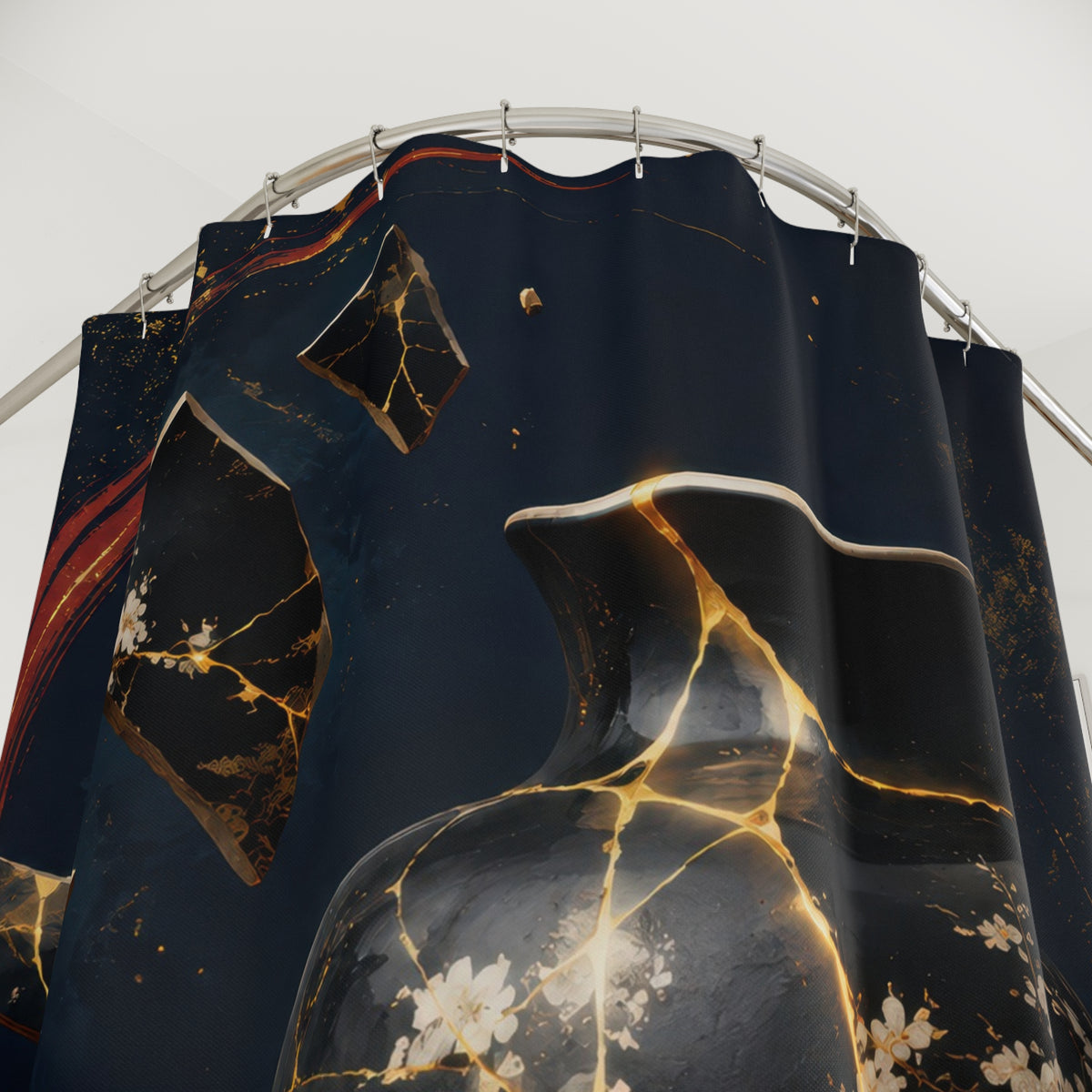 Japanese kintsugi vessel with gold cracks and indigo halo shower curtain with close-up print, hooks, and folds