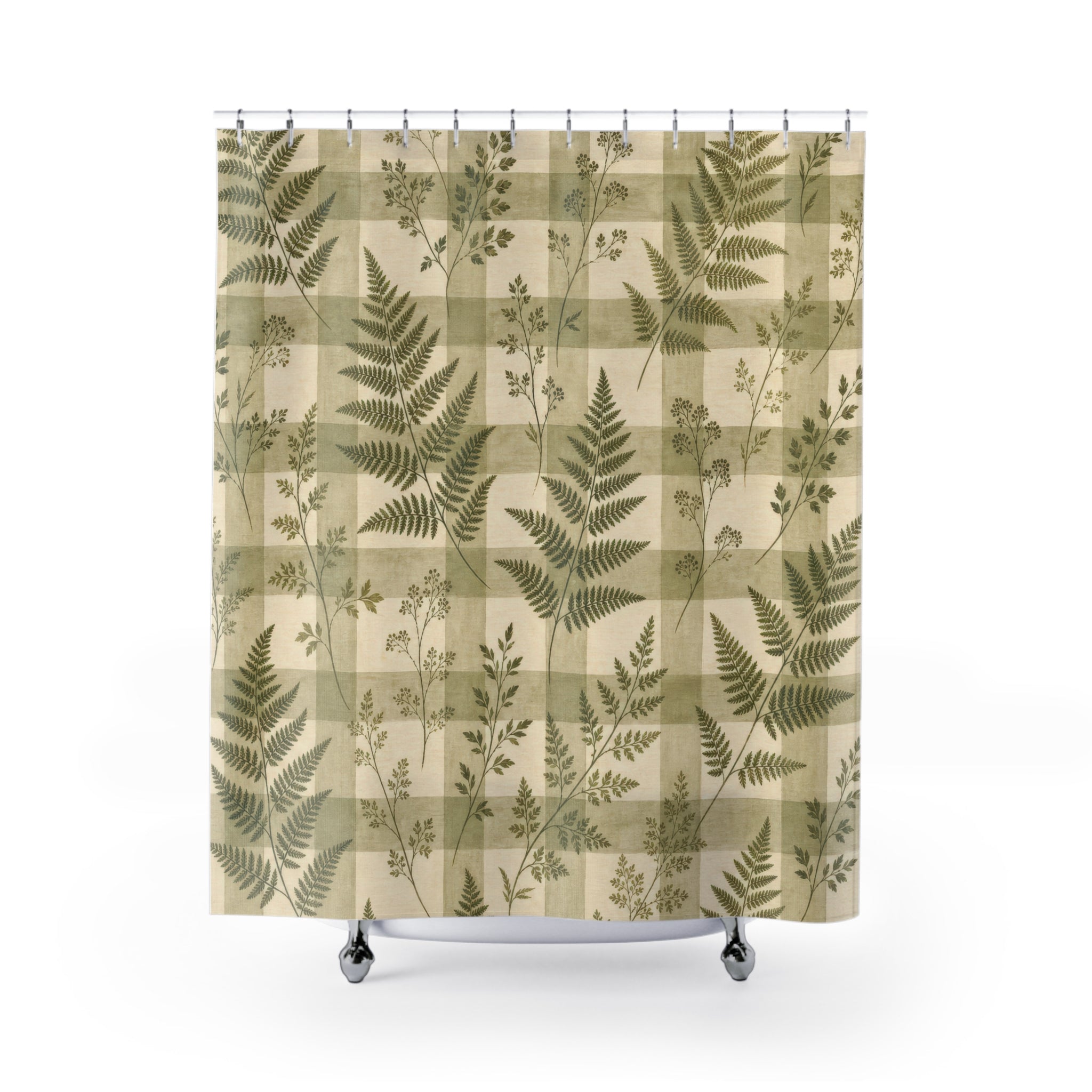 Green Fern Leaf Check Shower Curtain