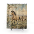 Wild mare and pinto colt crossing a rose-framed meadow shower curtain with full front view