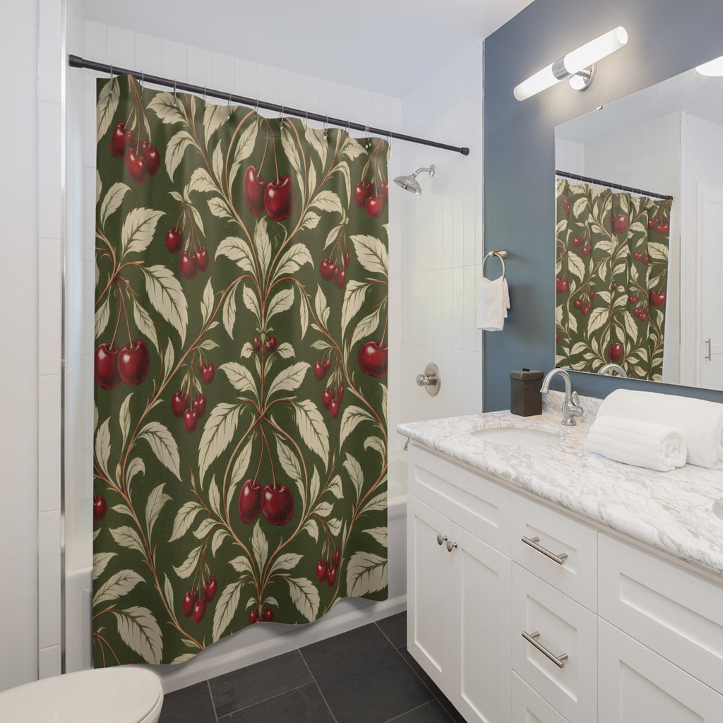Burgundy cherry and ivory leaf damask on olive green shower curtain beside a white vanity