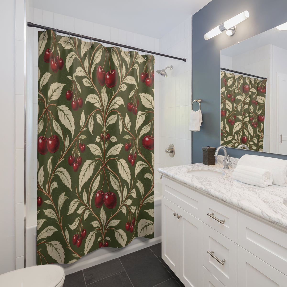 Burgundy cherry and ivory leaf damask on olive green shower curtain beside a white vanity