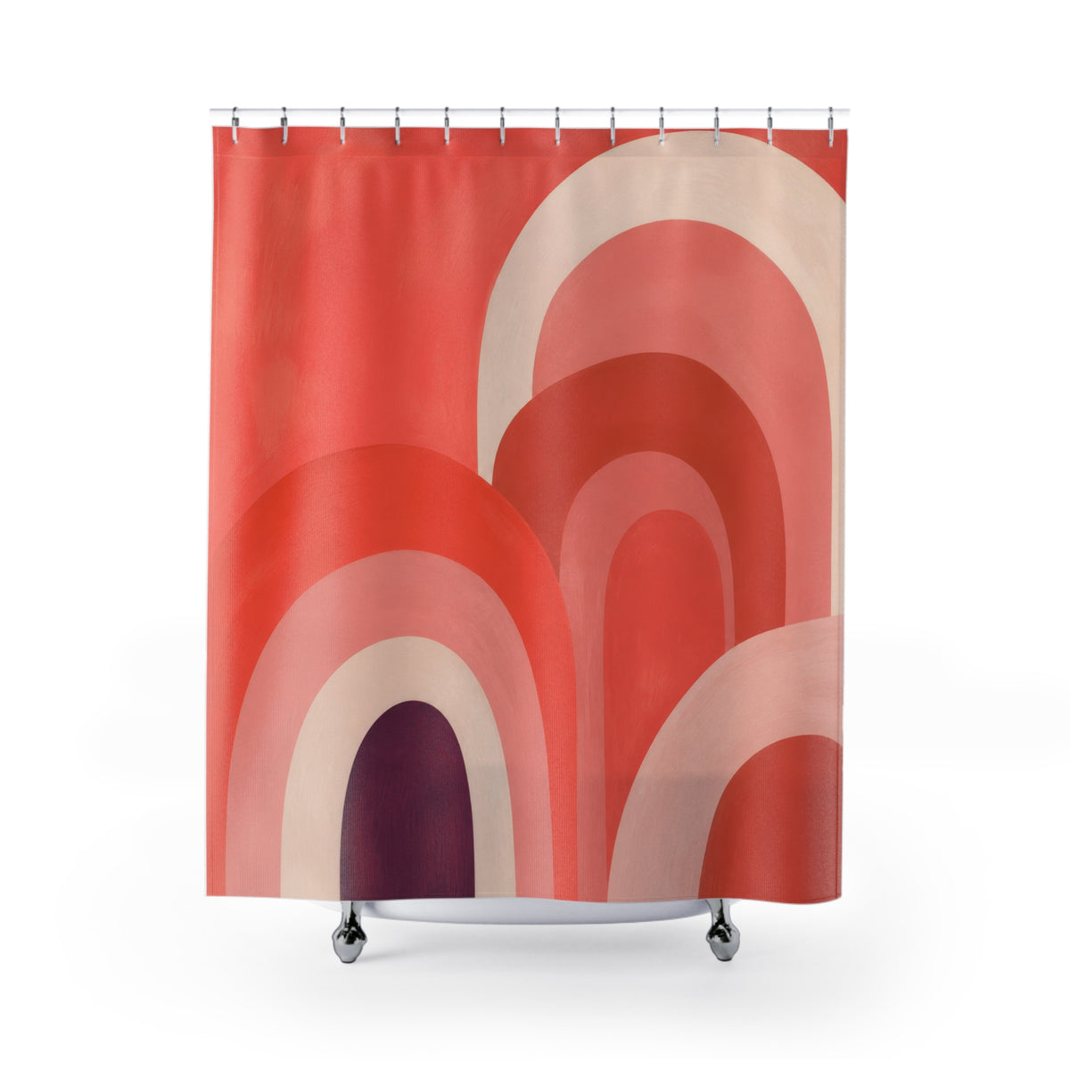 Overlapping coral rainbow arches with a plum accent shower curtain with full front view