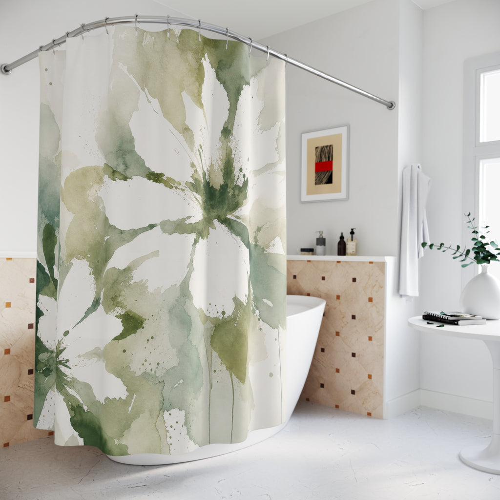 Watercolor Botanical Green Floral Shower Curtain