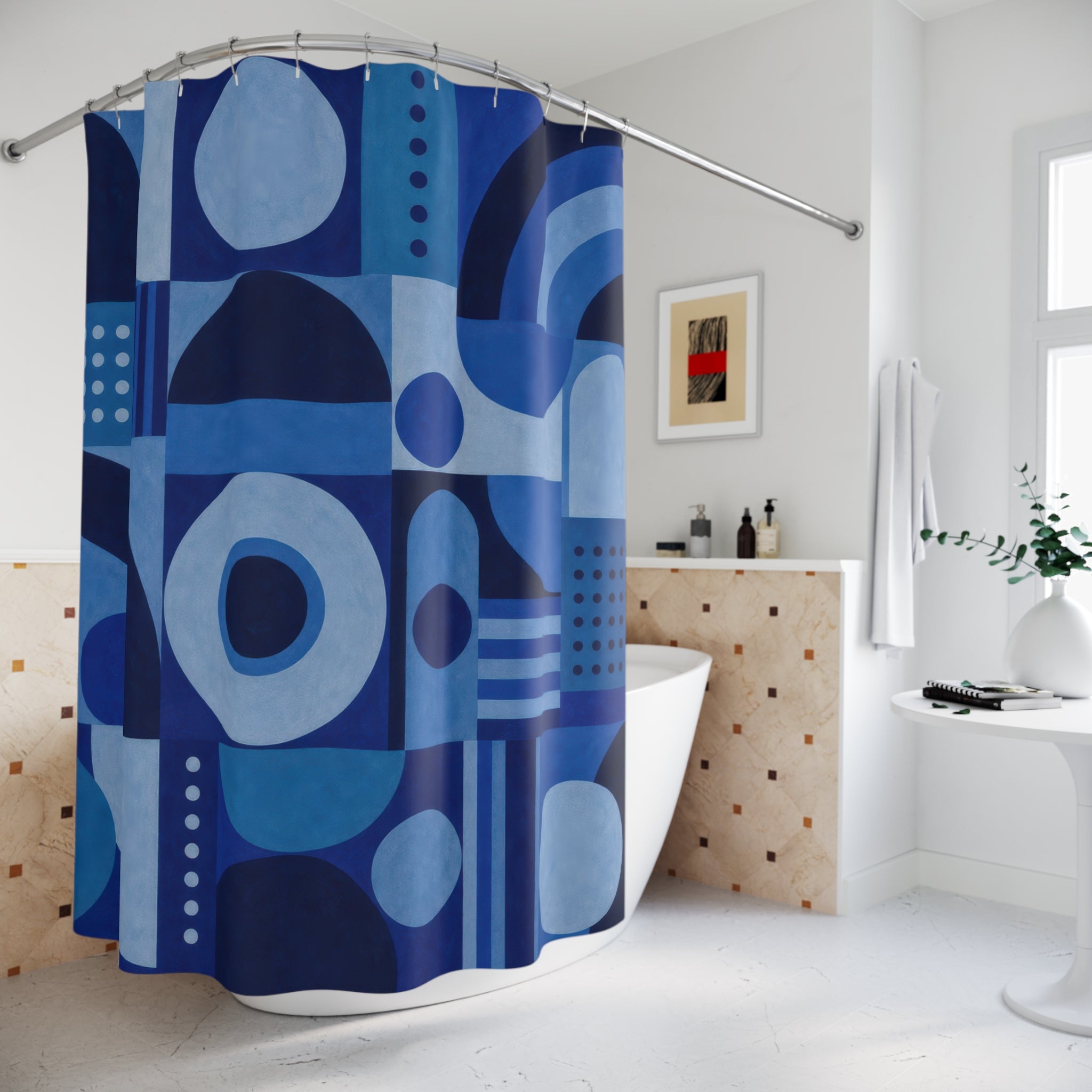Navy Geometric Shower Curtain, Navy Blue Modern Bathroom Decor, Geometric Pattern Bath Curtain, Guest Bath Decor, Small Bathroom Decor