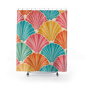 Pink, turquoise, orange and yellow scallop shells with cream ribs shower curtain with full front view