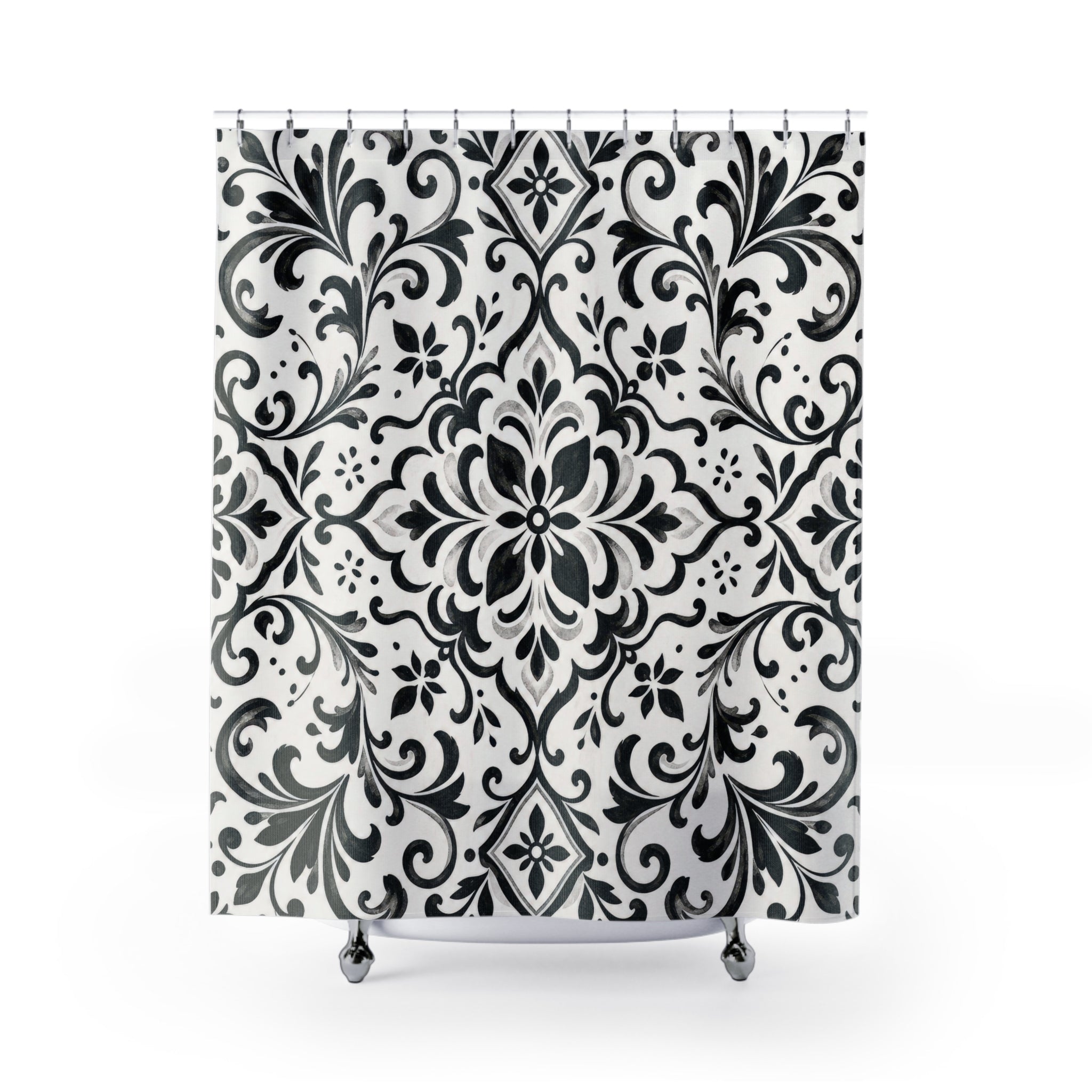 Black White Damask Floral Botanical Scroll Medallion Shower Curtain