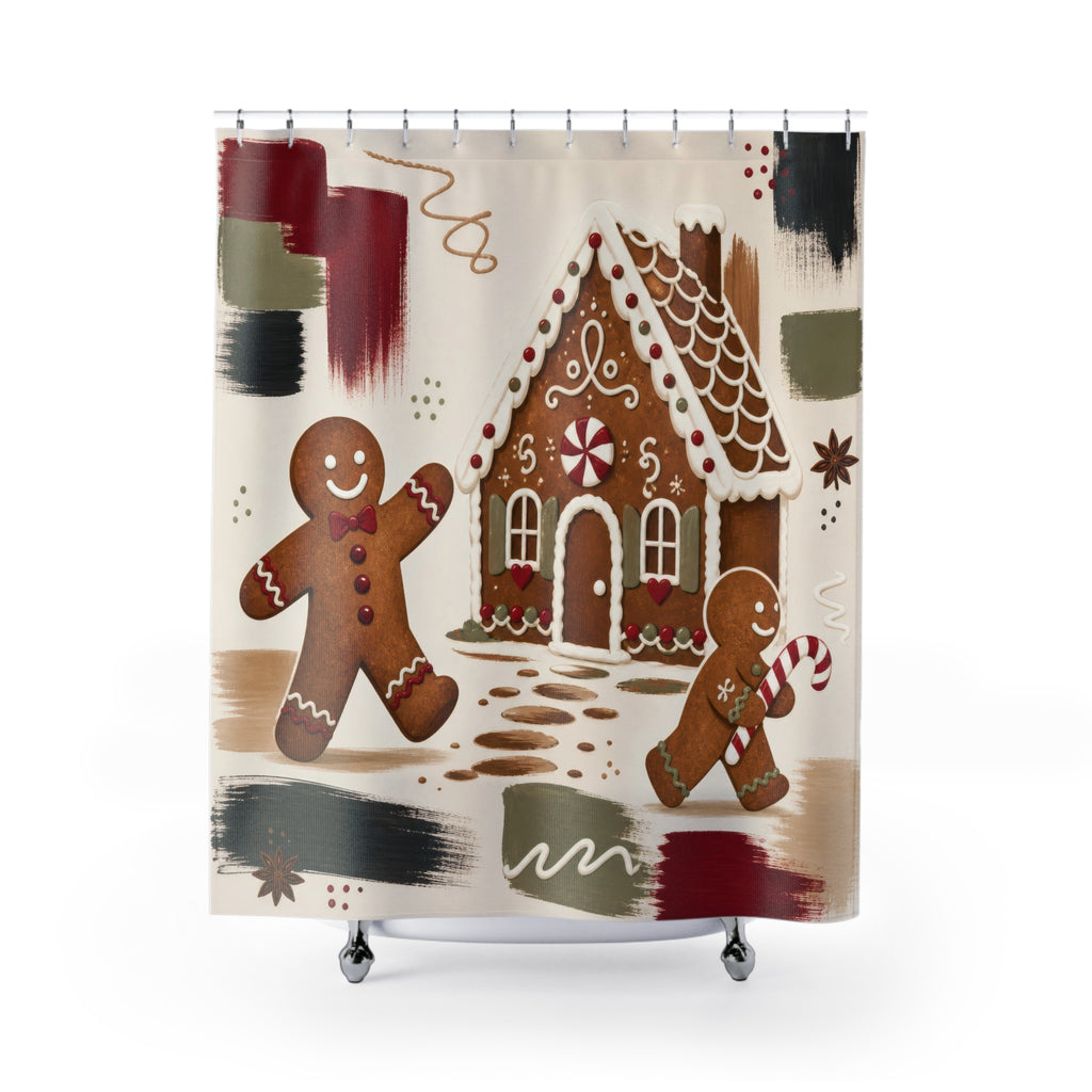 Gingerbread cookies and house in a modern collage shower curtain with full front view