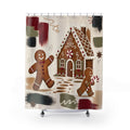 Gingerbread cookies and house in a modern collage shower curtain with full front view