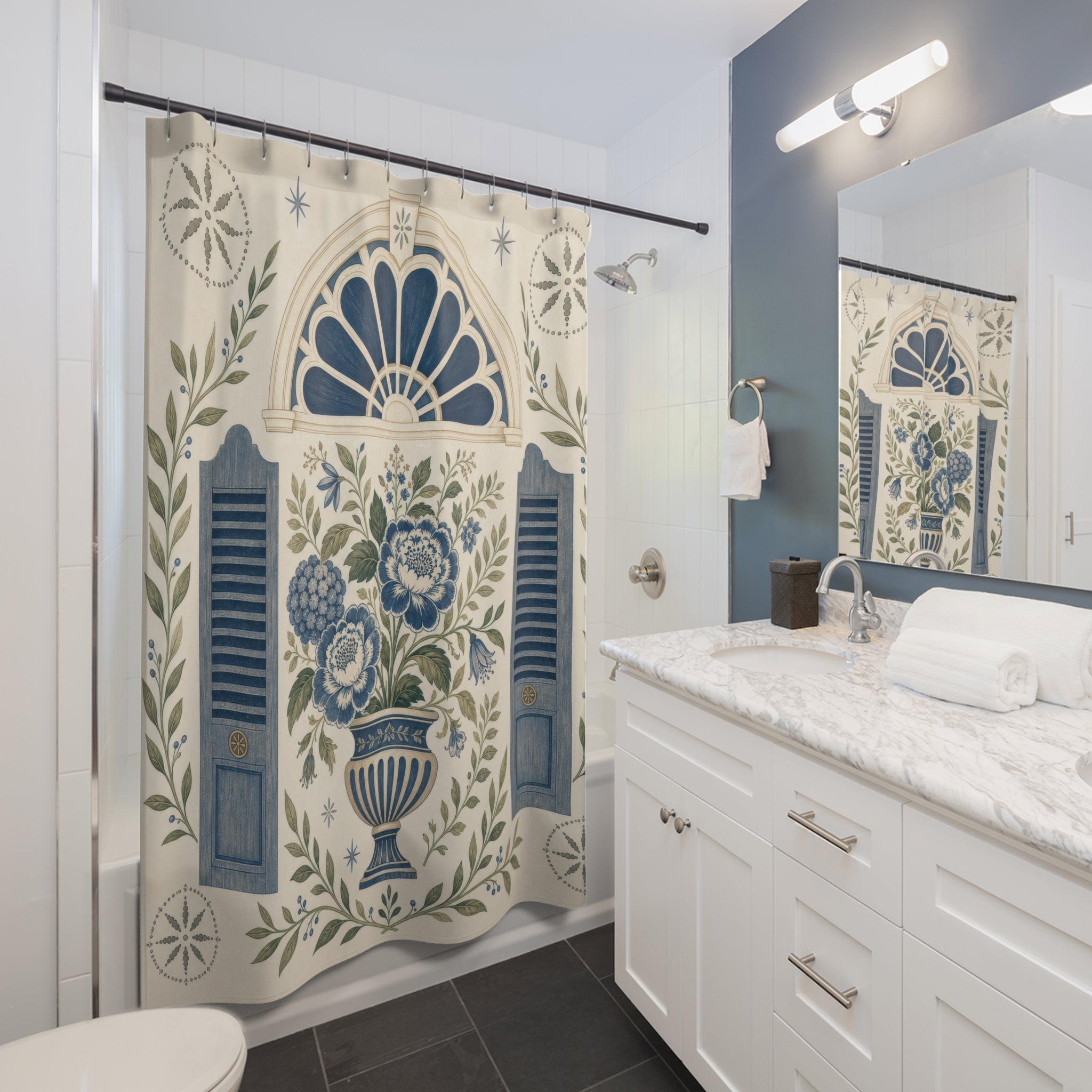 Colonial Blue and White Shower Curtain