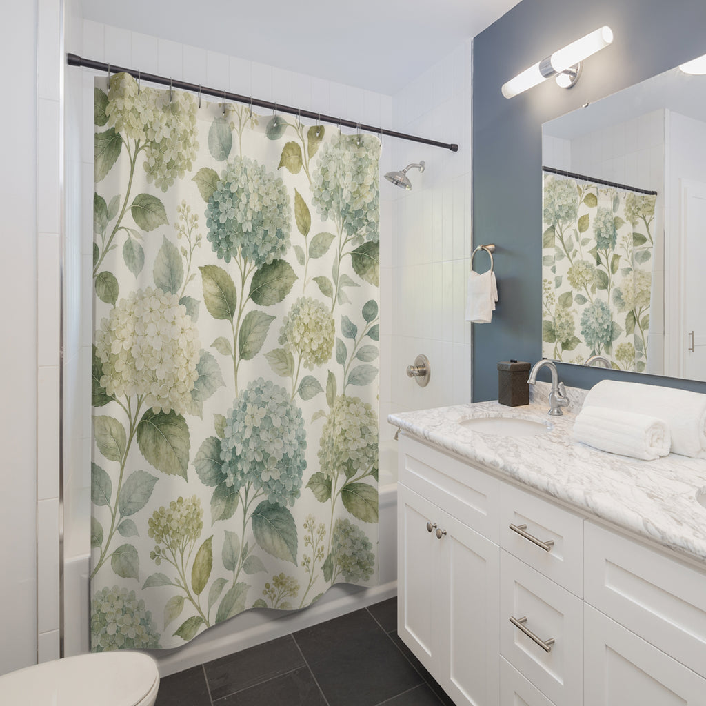 Blue Green Hydrangea Print Shower Curtain