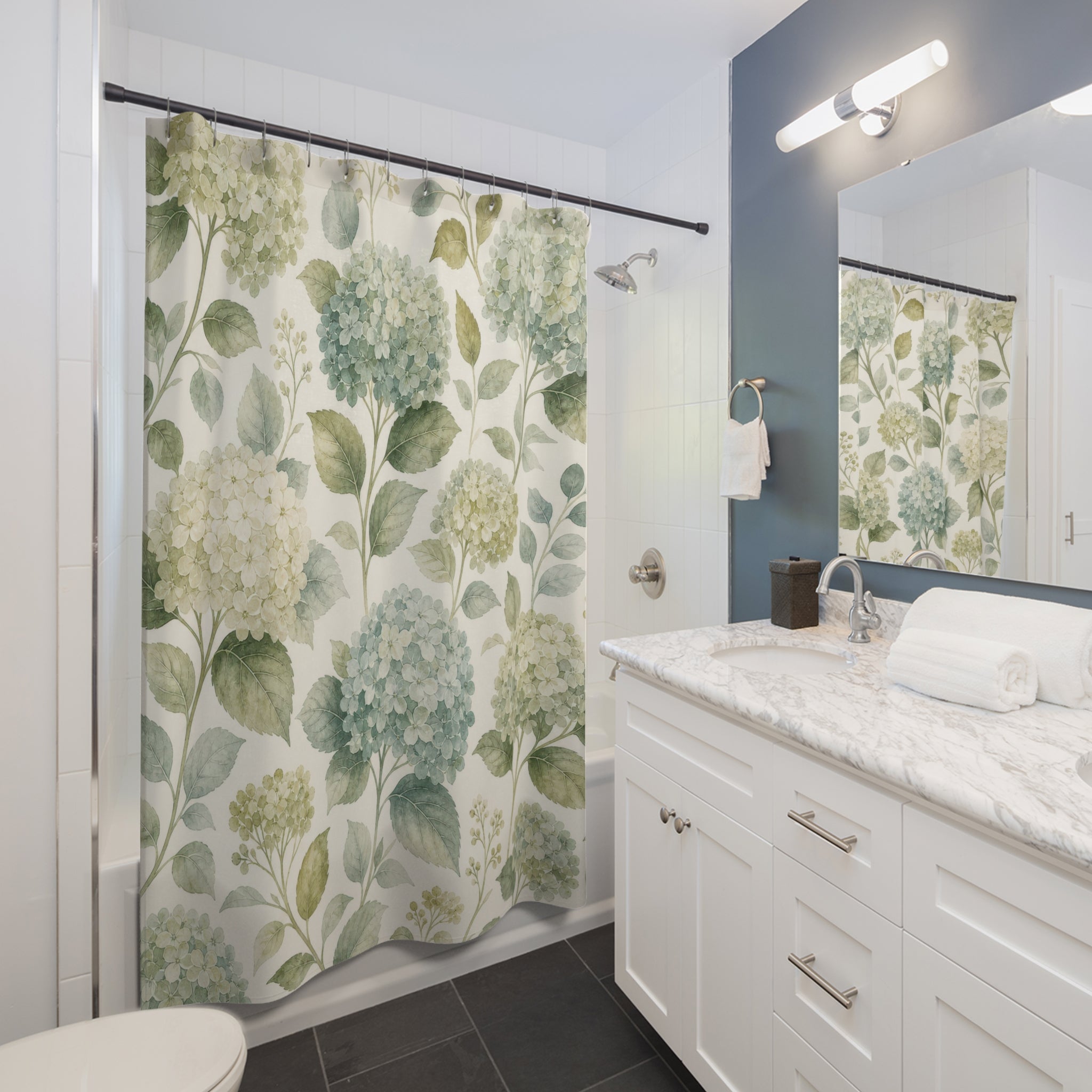 Blue Green Hydrangea Print Shower Curtain
