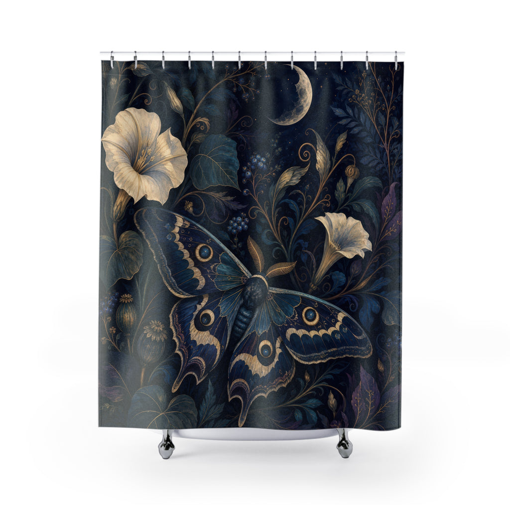 Midnight Moth Garden Navy Blue Shower Curtain