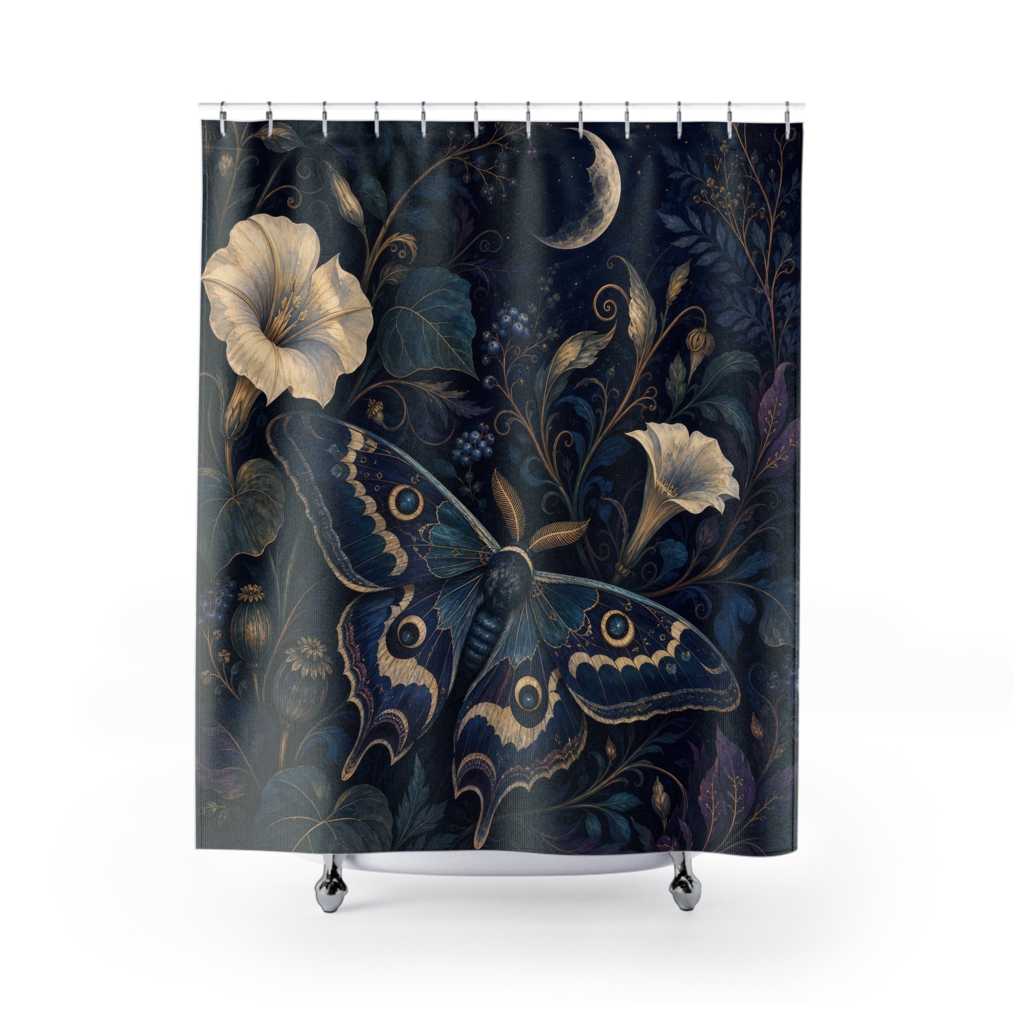 Midnight Moth Garden Navy Blue Shower Curtain