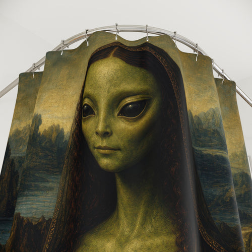 Alien Mona Lisa Classic Parody Unique Funny shower curtain with close-up print, hooks, and folds