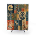 Japanese seasonal crest patchwork with cranes waves and blossoms shower curtain with full front view