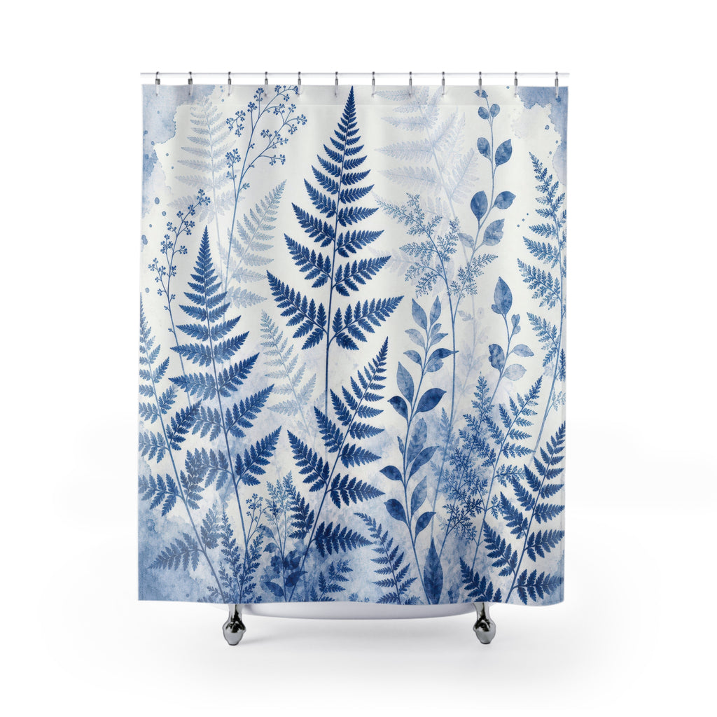 Blue Fern Shower Curtain, Blue White Nature Bathroom Decor, Fern Botanical Bath Curtain, Guest Bath Decor, Small Bathroom Decor, Home Decor