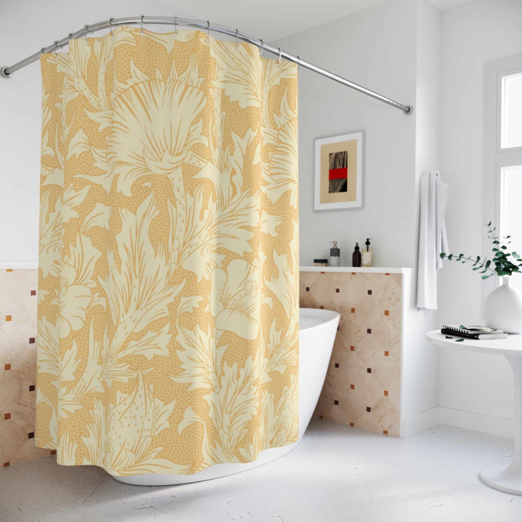 Morris-Style Poppy Shower Curtain – Beige Floral