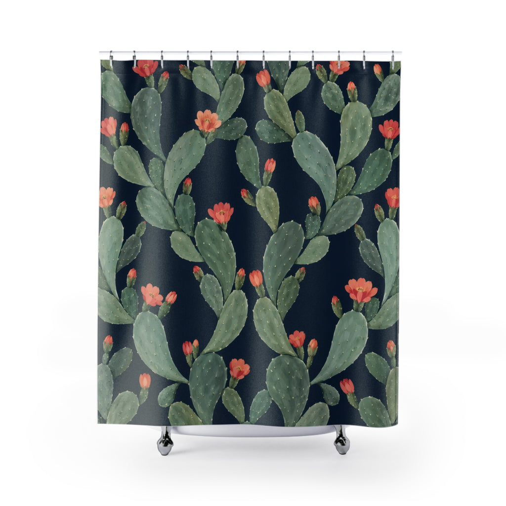 Sage prickly pear cactus with coral flowers on navy shower curtain with full front view