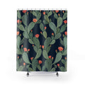 Sage prickly pear cactus with coral flowers on navy shower curtain with full front view