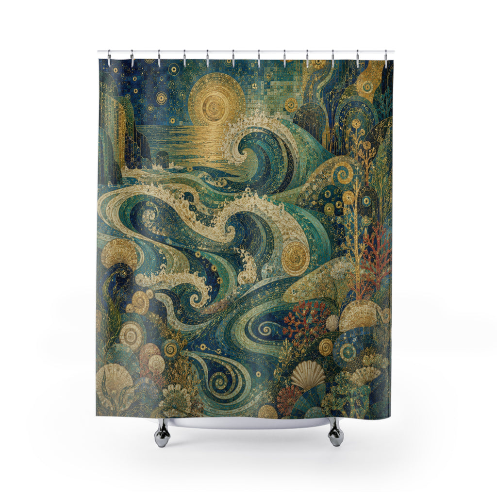 Klimt Inspired Ocean Shower Curtain: Blue Gold Nouveau