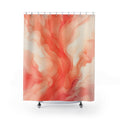 Flowing coral watercolor plumes on warm cream shower curtain with full front view
