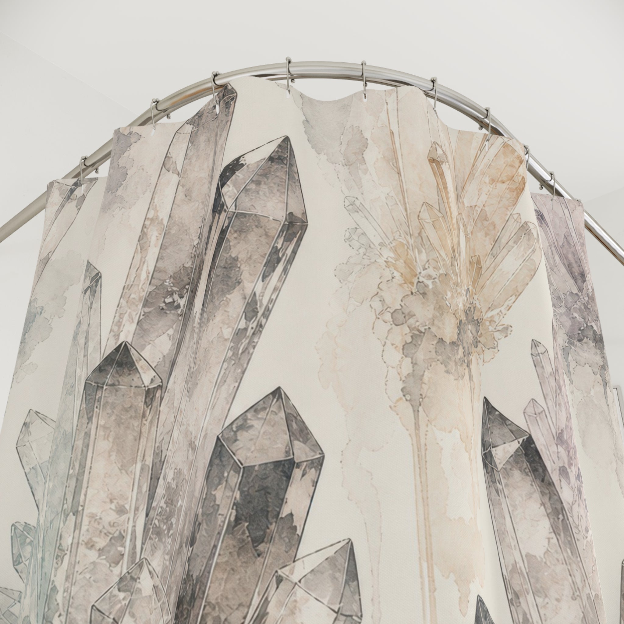 Crystal Shower Curtain, Grey Quartz Watercolor Pattern, Boho Bathroom Decor, Mystical Neutral Guest Bath Gemstone Spa Style