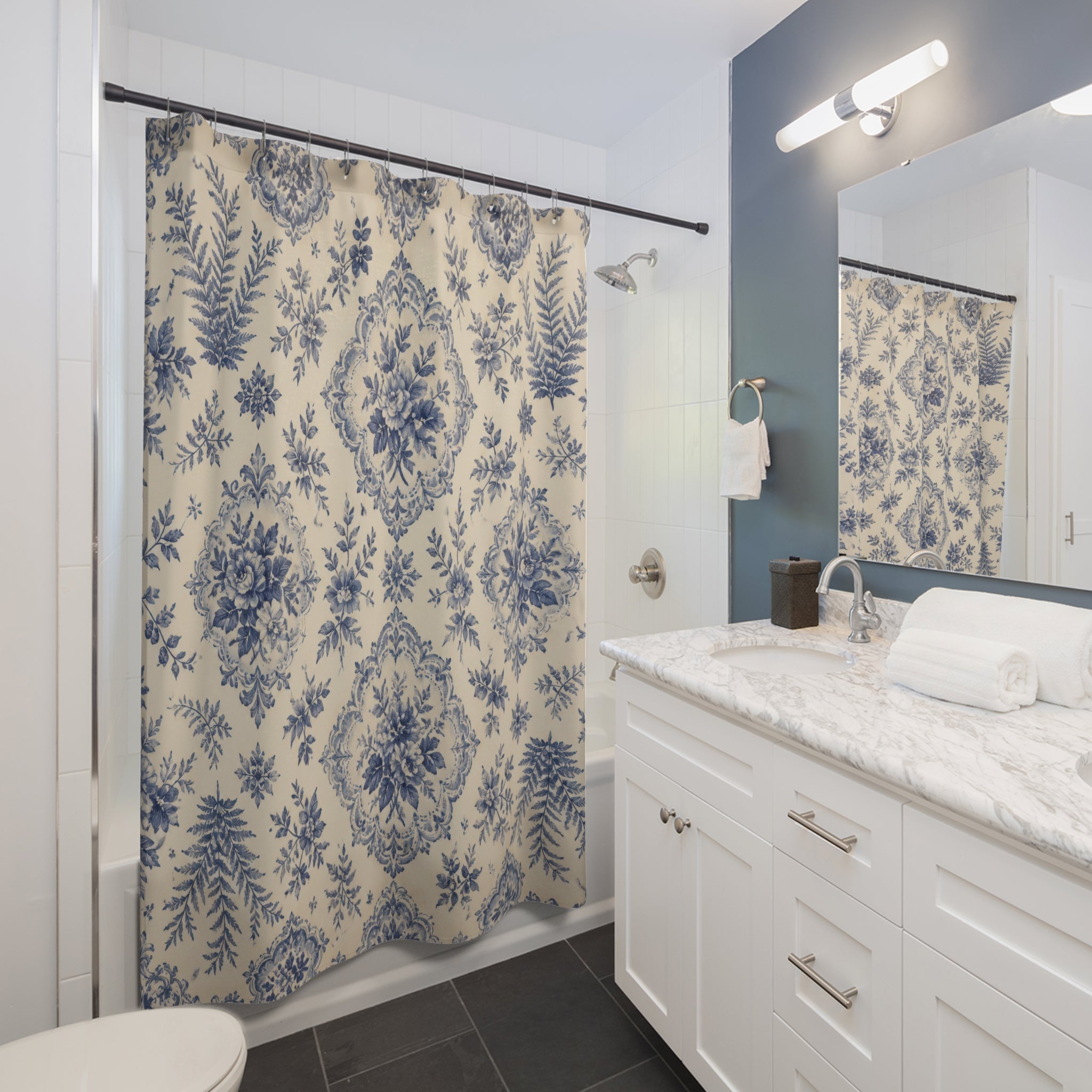 Blue Toile Floral Botanical Vintage Farmhouse Shower Curtain