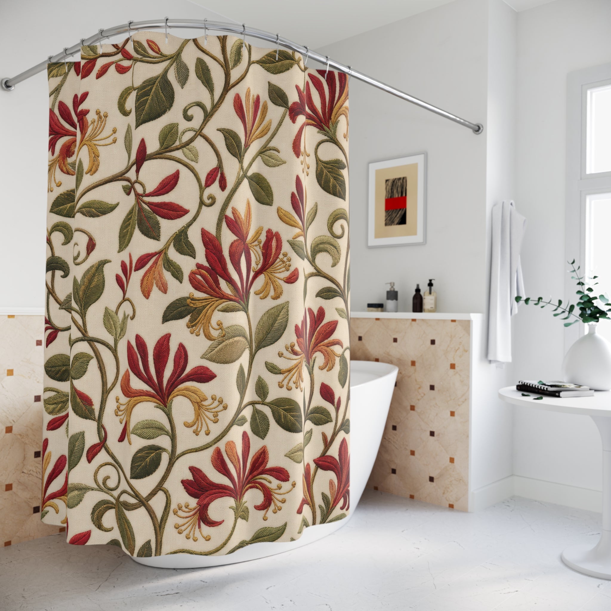 Honeysuckle Embroidery Shower Curtain – Red on Cream