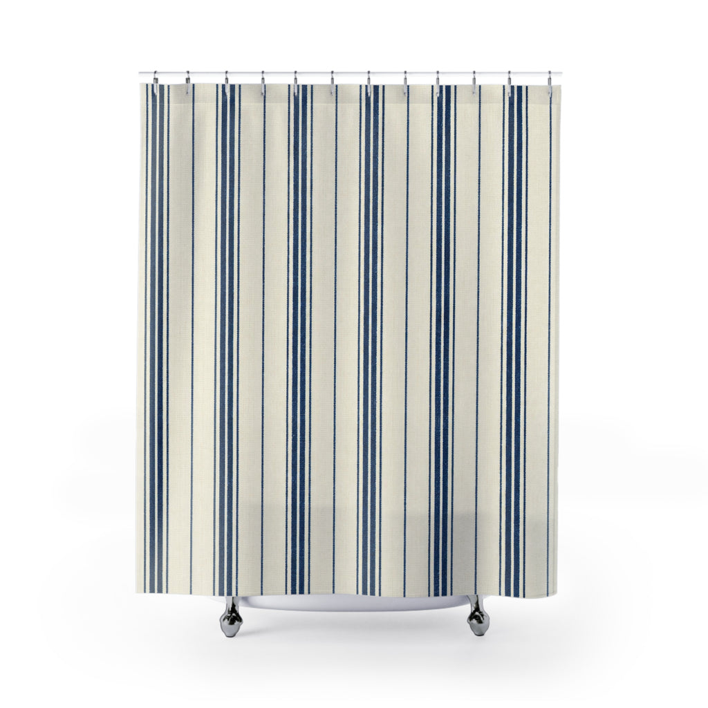 Navy Pinstripe Shower Curtain, Navy White Classic Bathroom Decor, Crisp Stripe Bath Curtain, Guest Bathroom Decor, Small Bathroom Decor