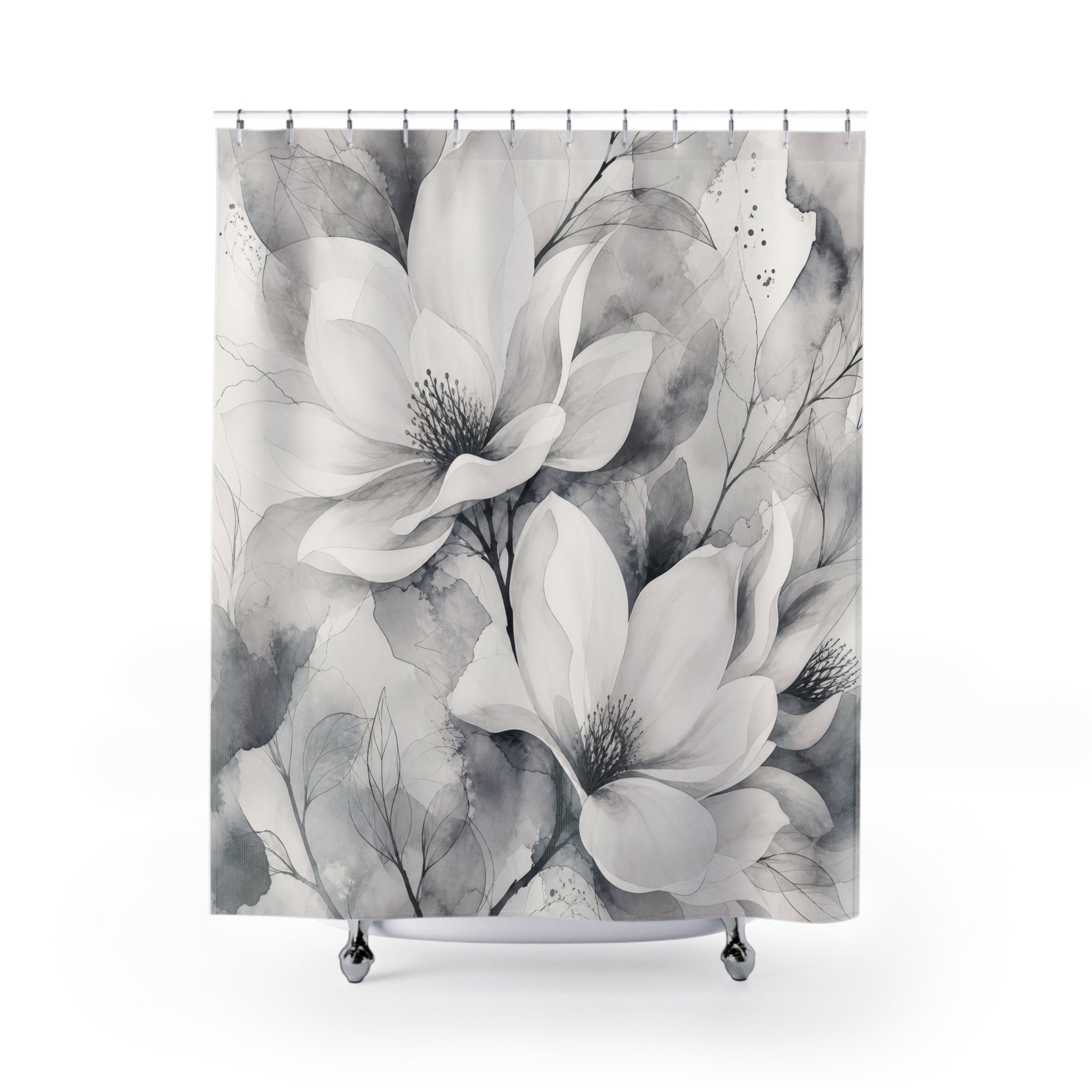 White Magnolia Grey Shower Curtain