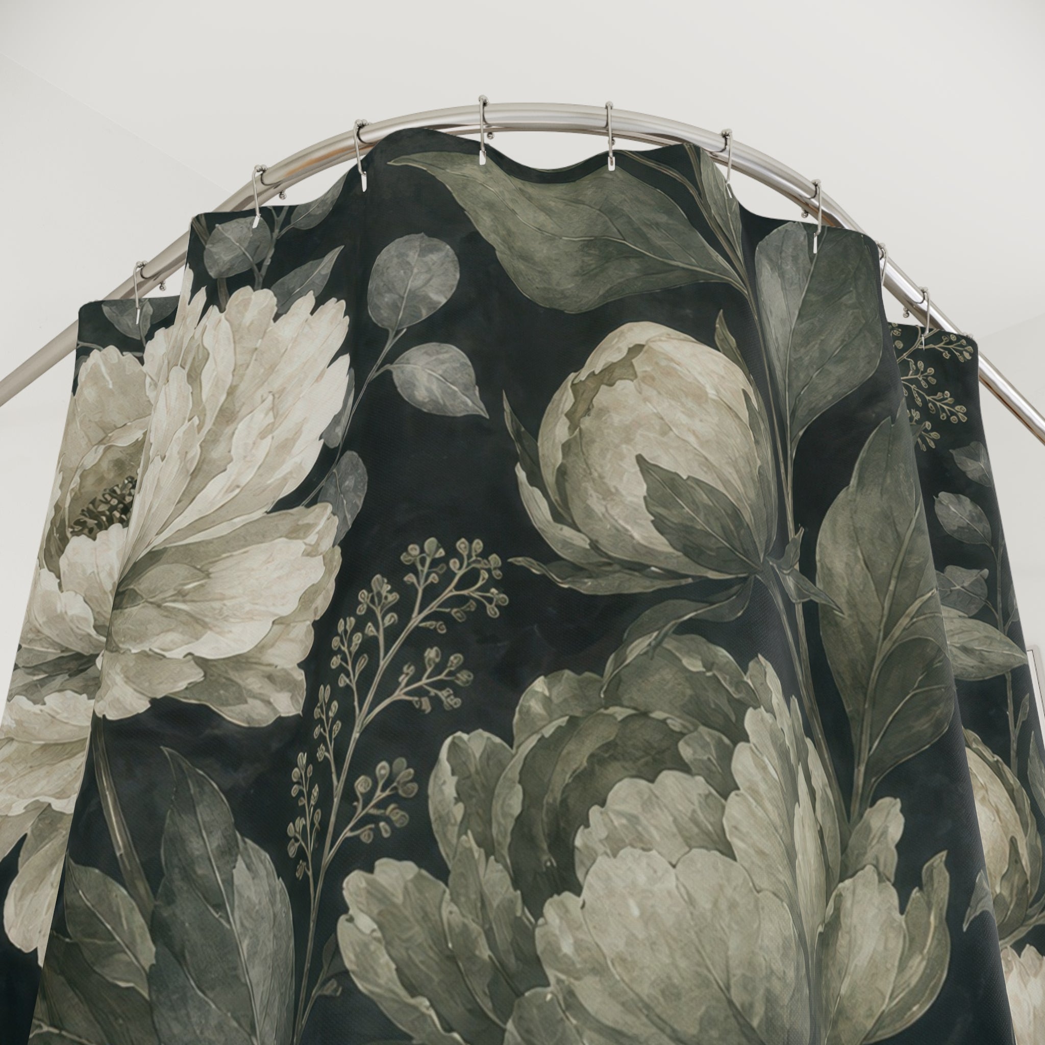 Dark Green Peony Shower Curtain, Dark Green Botanical Bathroom Decor, Dark Floral Bath Curtain, Guest Bath Decor, Small Bathroom Decor