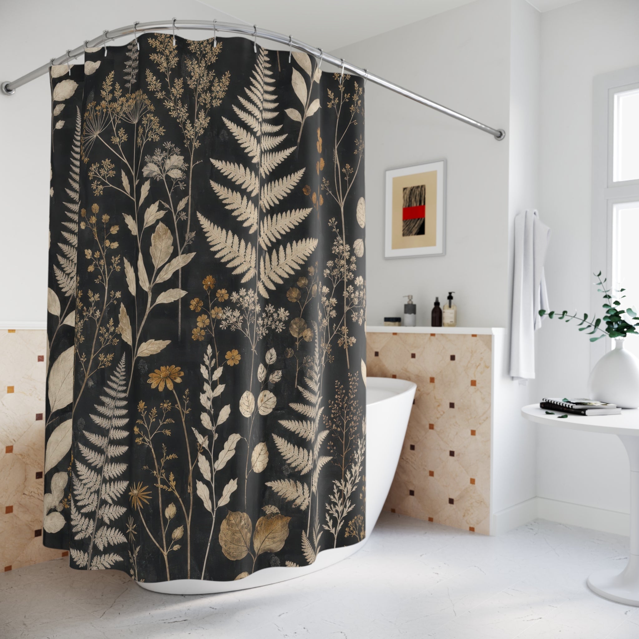 Black Floral Shower Curtain, Fern Botanical Pattern, Dark Moody Bathroom Decor, Elegant Dark Wall Decor Guest Bath Wall Gift For Home