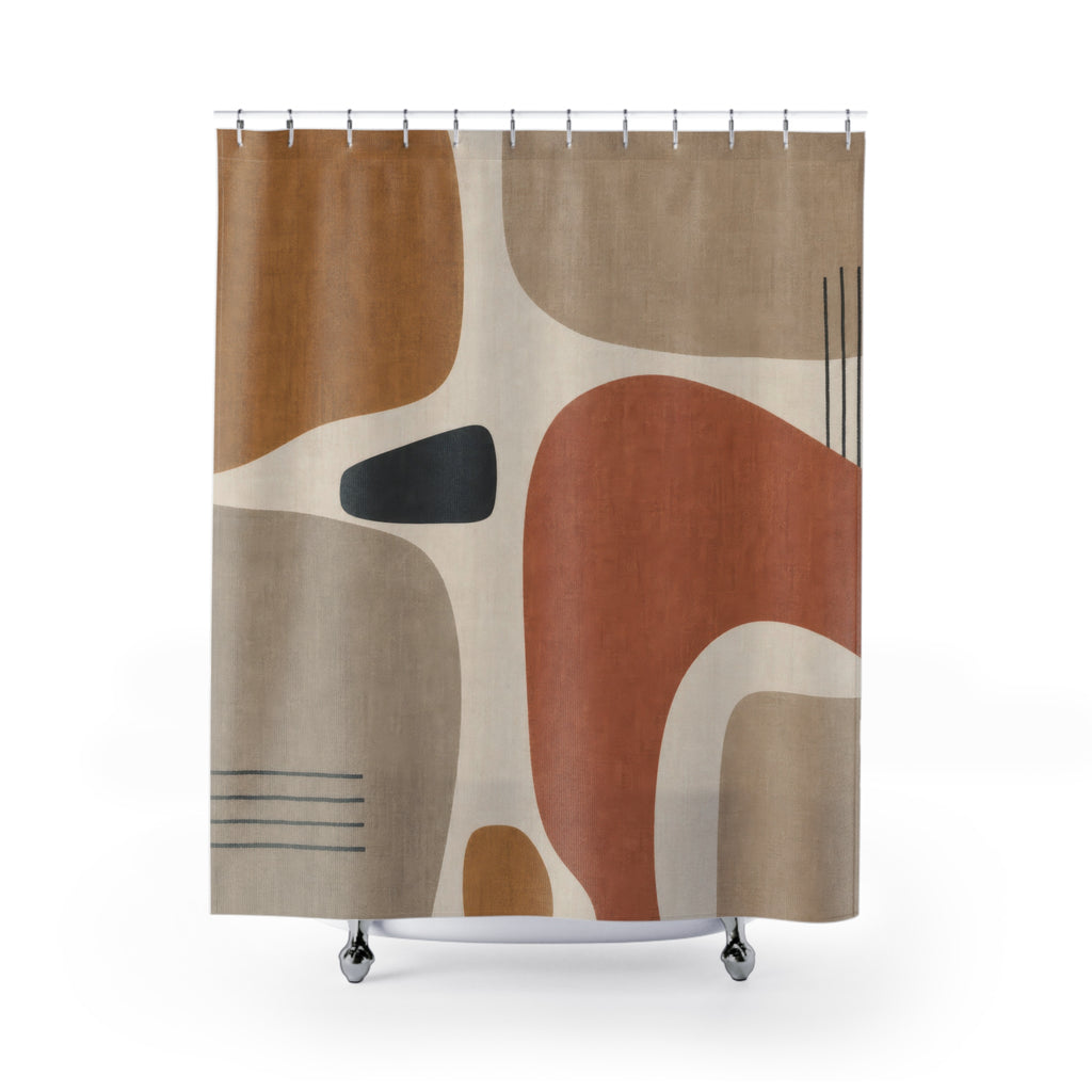 Abstract Shower Curtain, Ochre Clay Beige Shape Pattern, Warm Boho Bathroom Decor, Modern Earth Tone Guest Bath Abstract Art Style