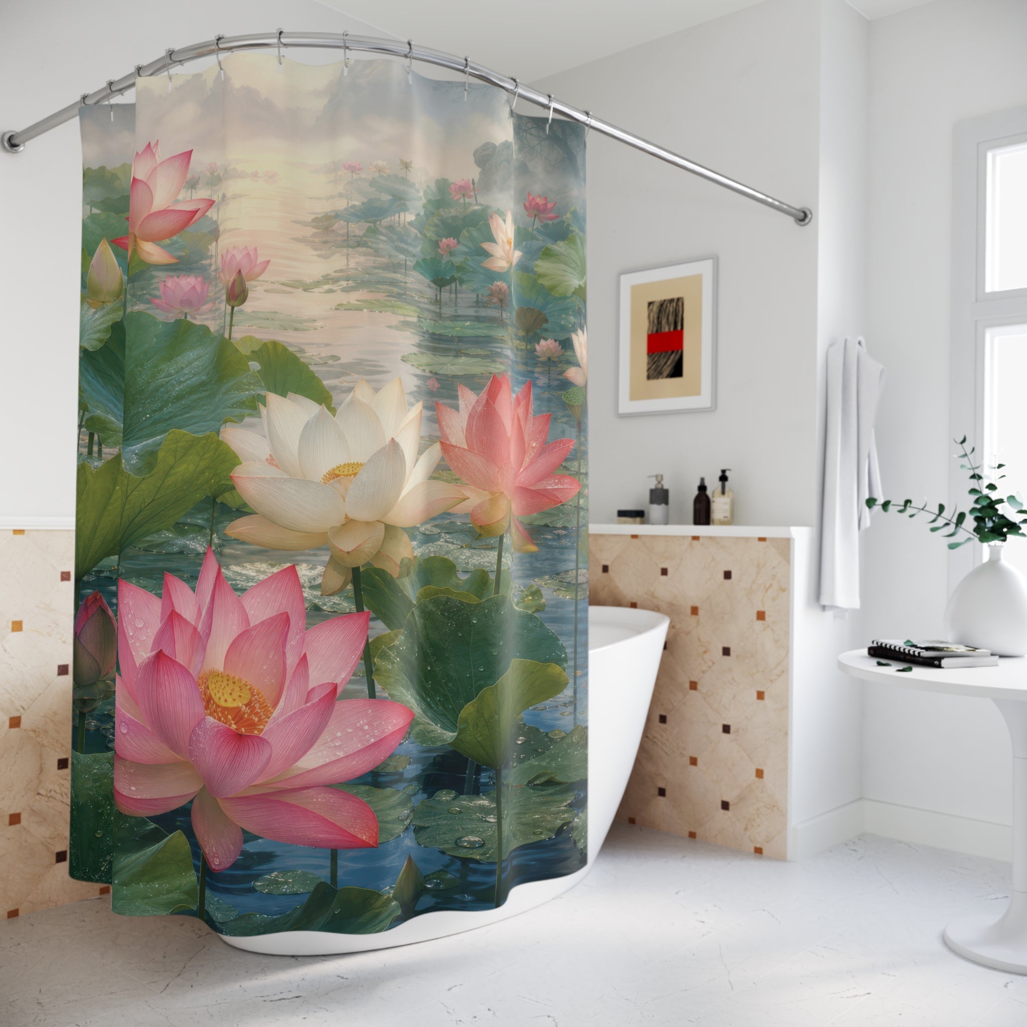 Lotus Flower Shower Curtain: Pink Water Lily Pond