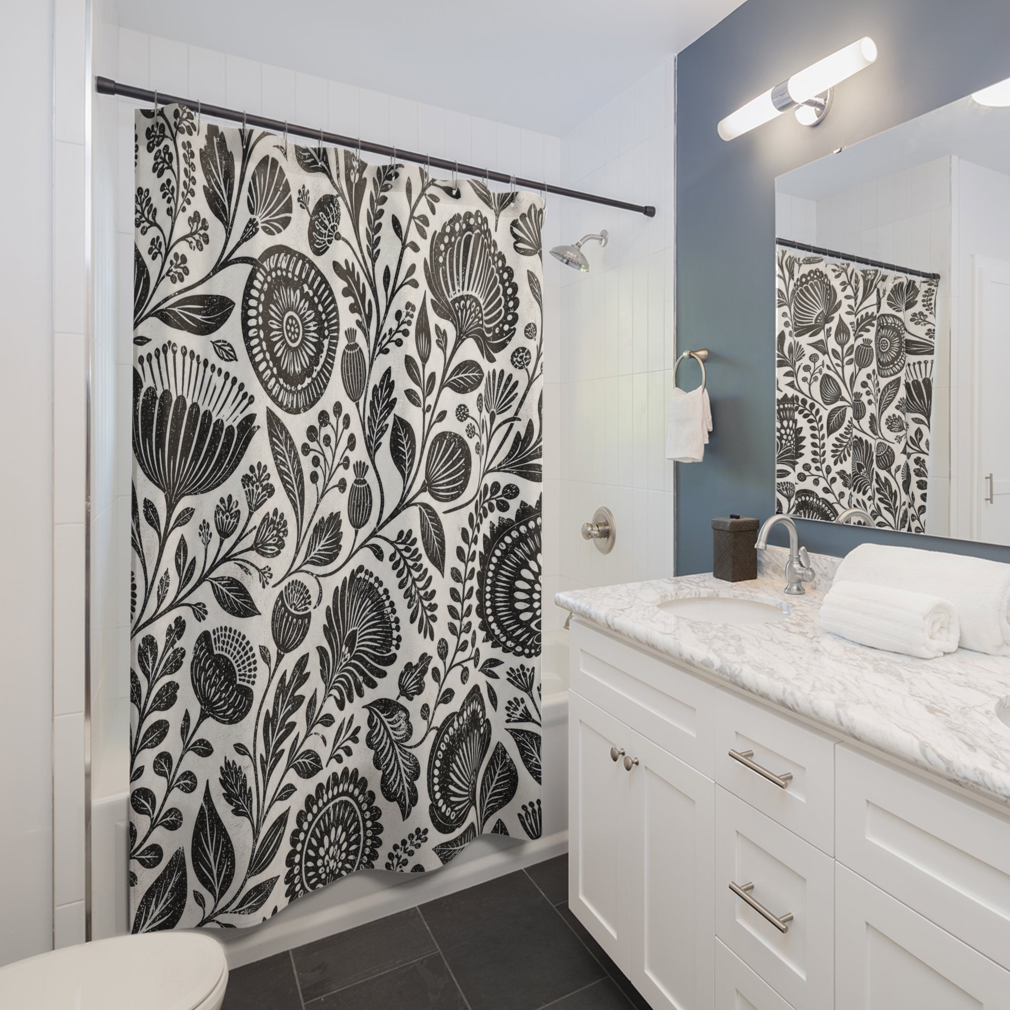 Black White Folk Botanical Shower Curtain