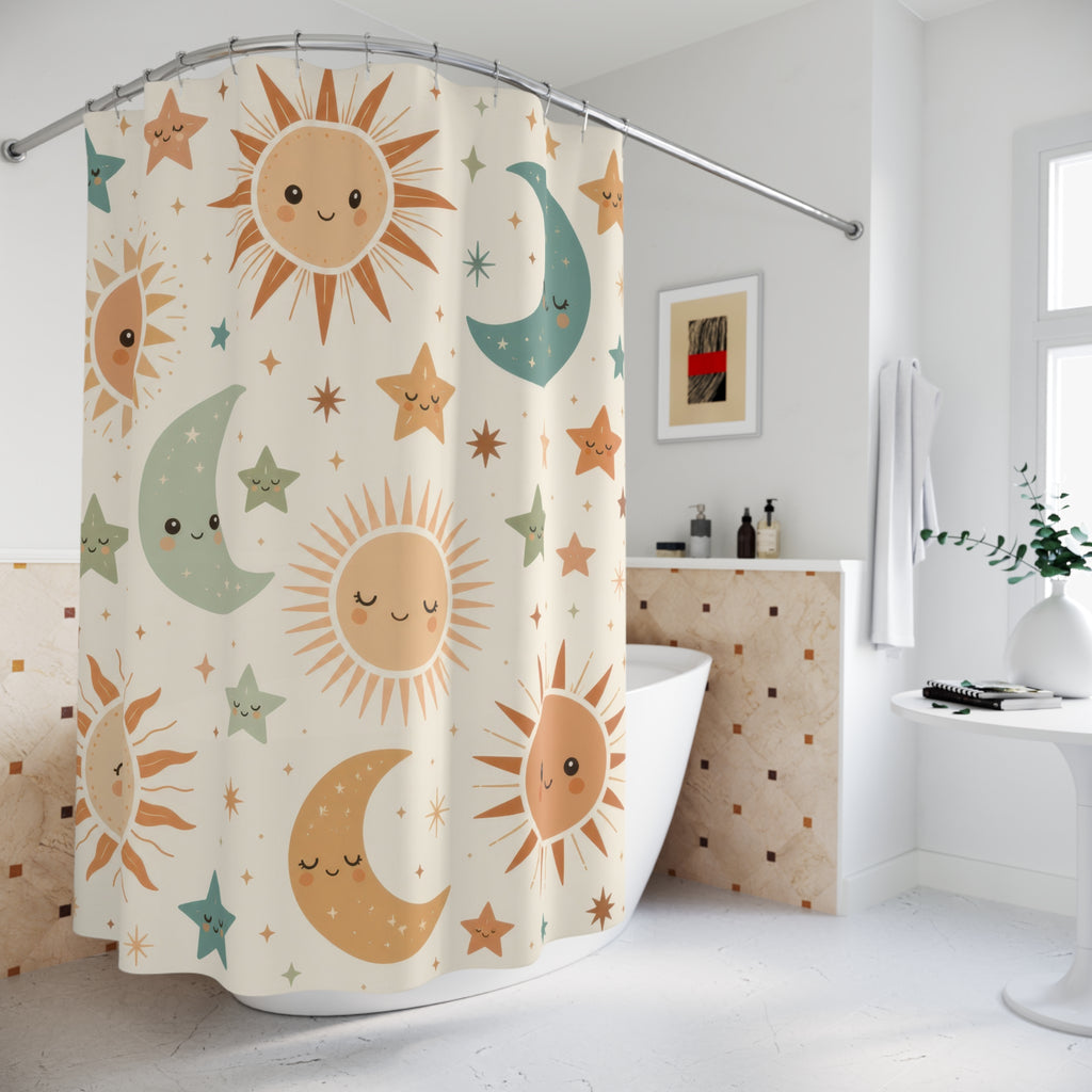 Smiling terracotta suns sage moons and stars on cream shower curtain styled beside a freestanding tub