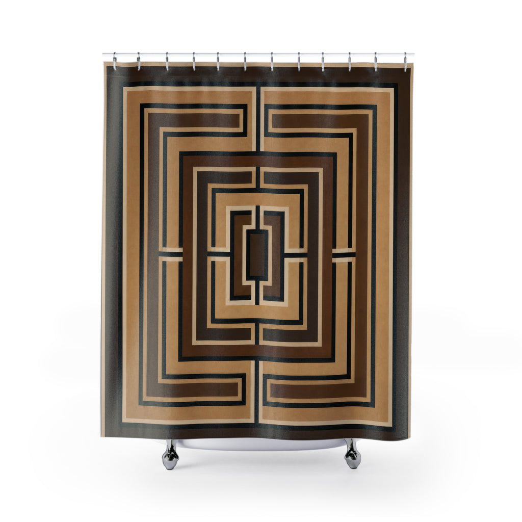 Geometric Shower Curtain, Black Brown Art Deco Bath Decor, Cream Maze Medallion Pattern, Modern Neutral Guest Bathroom Decor Style