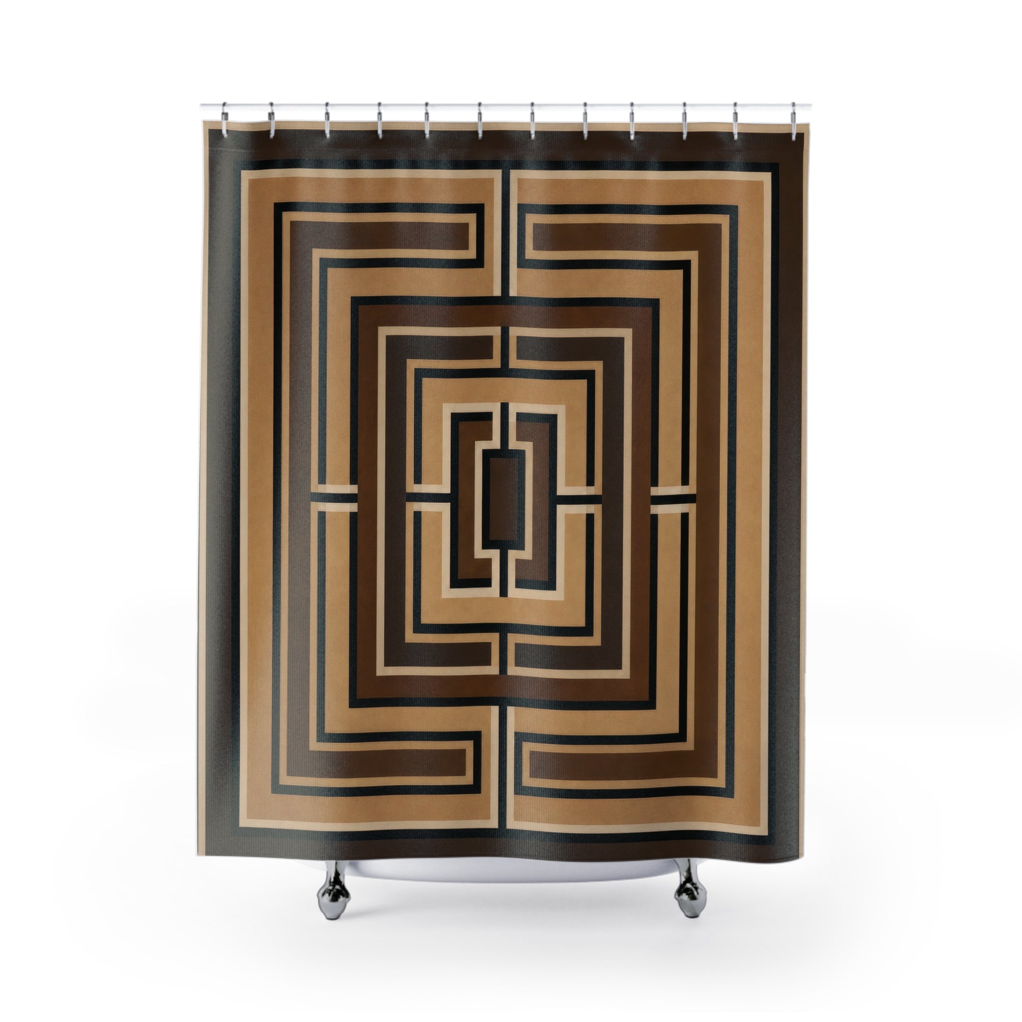 Geometric Shower Curtain, Black Brown Art Deco Bath Decor, Cream Maze Medallion Pattern, Modern Neutral Guest Bathroom Decor Style
