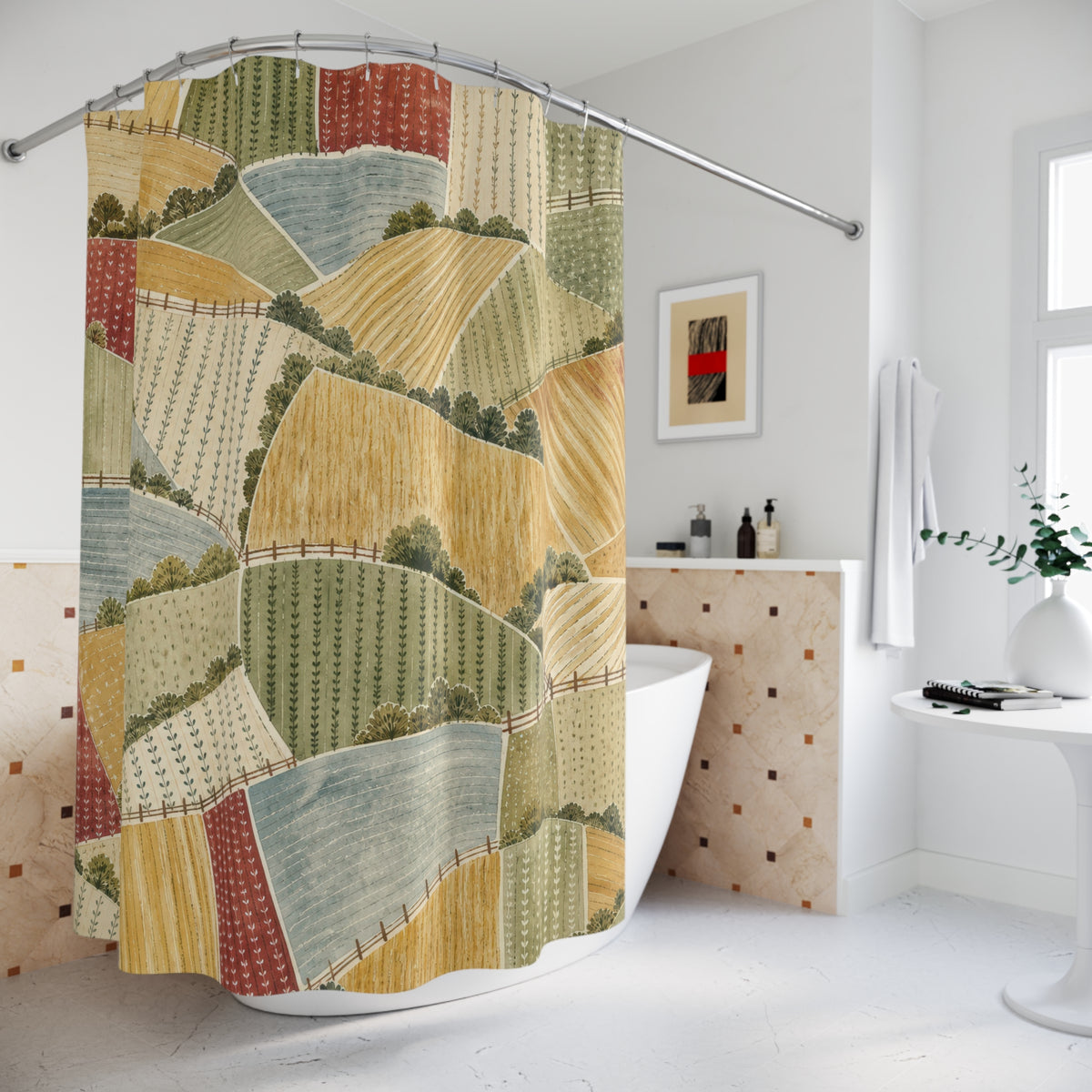 Patchwork Farm Landscape Country pattern shower curtain beside a freestanding tub