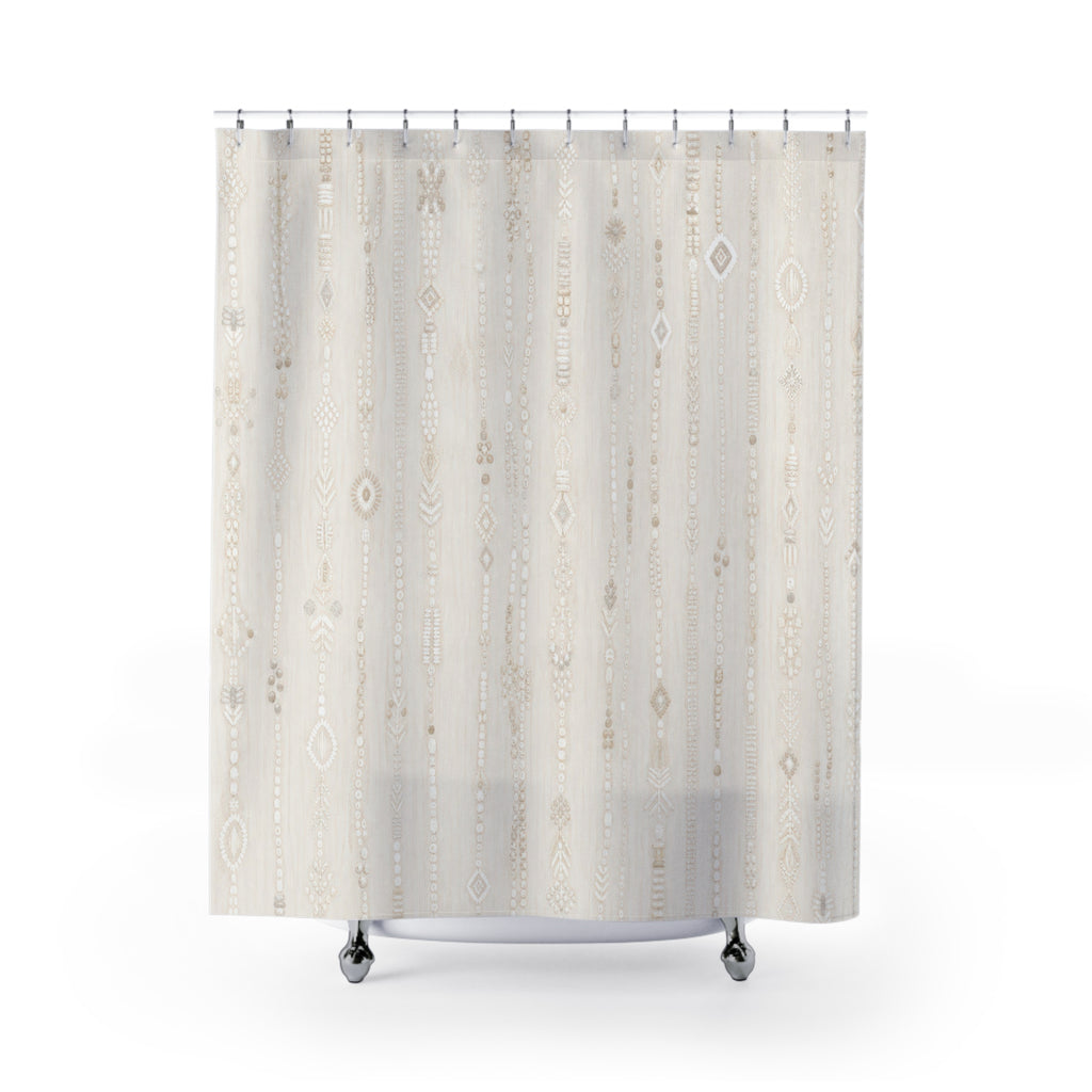 White Boho Shower Curtain, Vertical Stripe Bath Decor, Ivory Diamond Mark Pattern, Cream Guest Bathroom Decor, Soft Neutral Style Decor