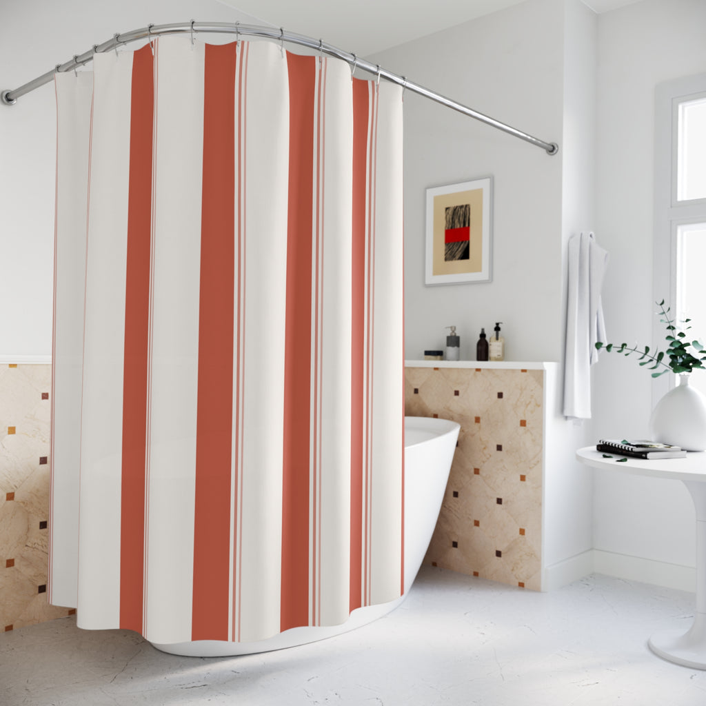 Beige and Coral Ticking Stripe Shower Curtain