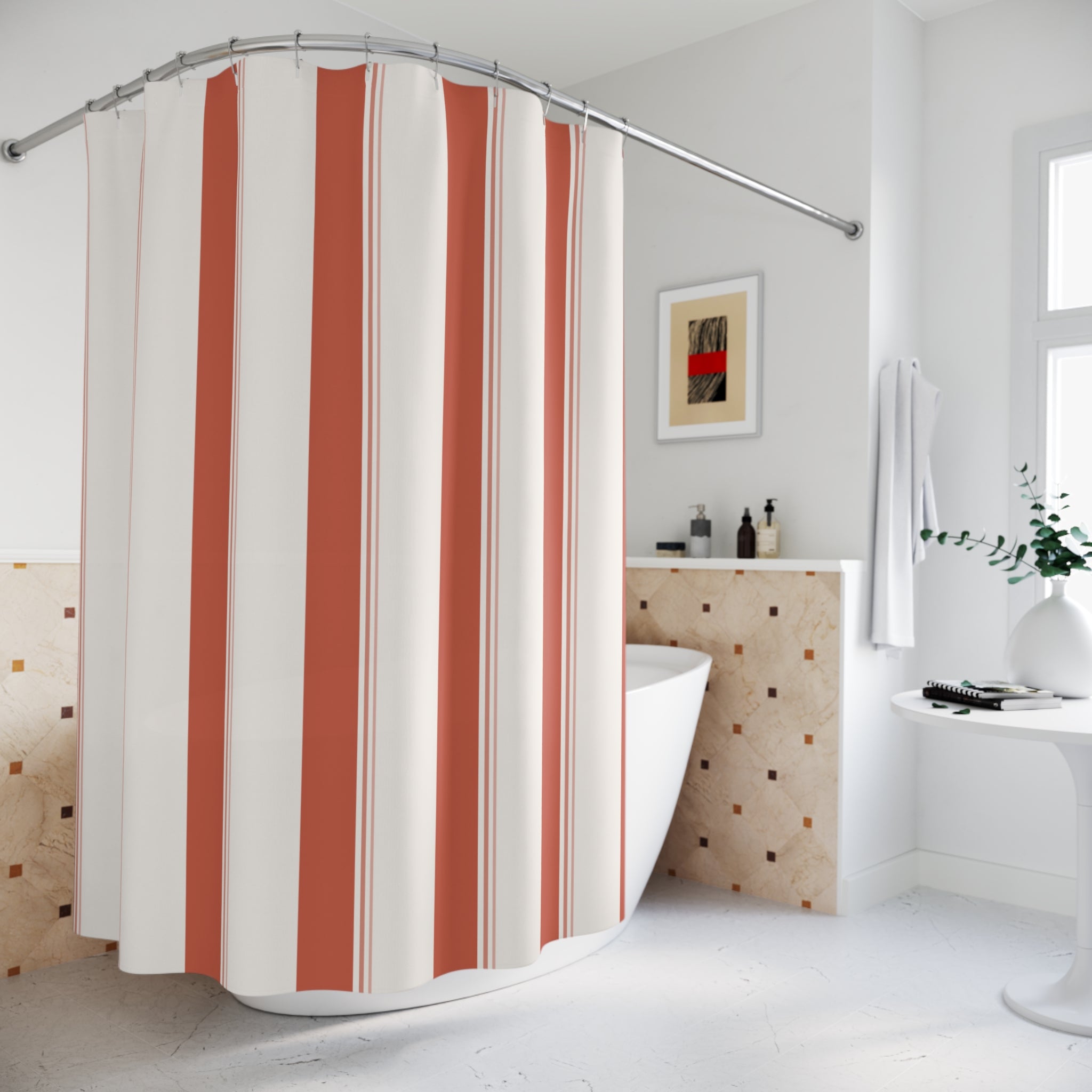 Beige and Coral Ticking Stripe Shower Curtain
