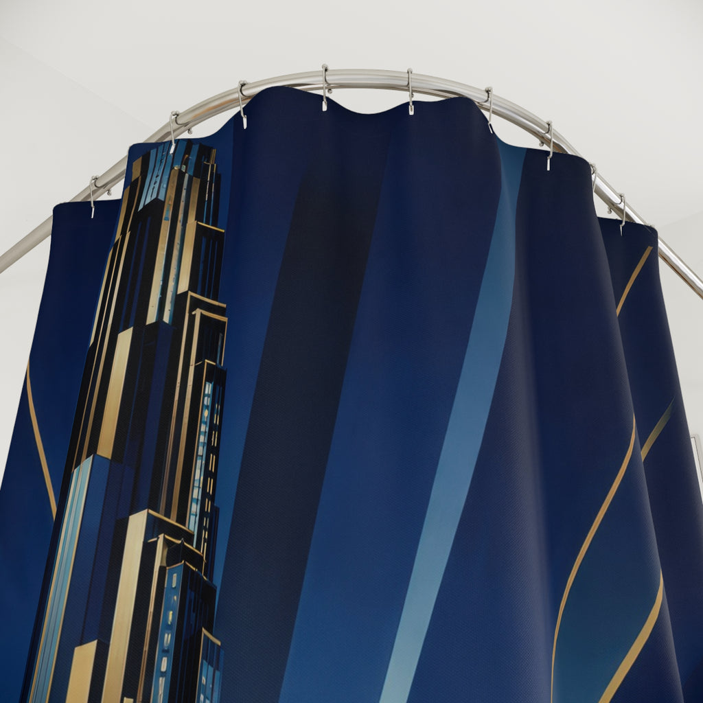 Midnight blue Neo Art Deco metropolis with terraced skyscraper shower curtain with close-up print, hooks, and folds