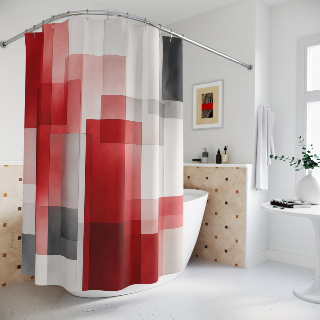 Red Gray Block Geometric Shower Curtain