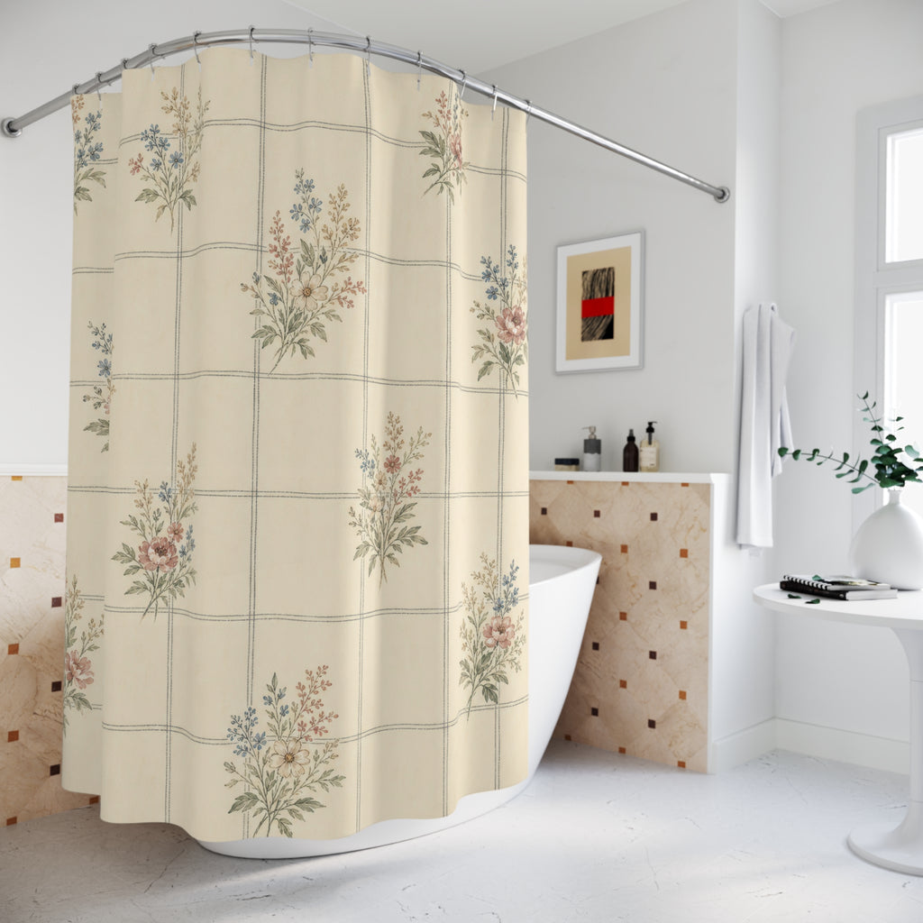 Cream Floral Grid Farmhouse Shower Curtain