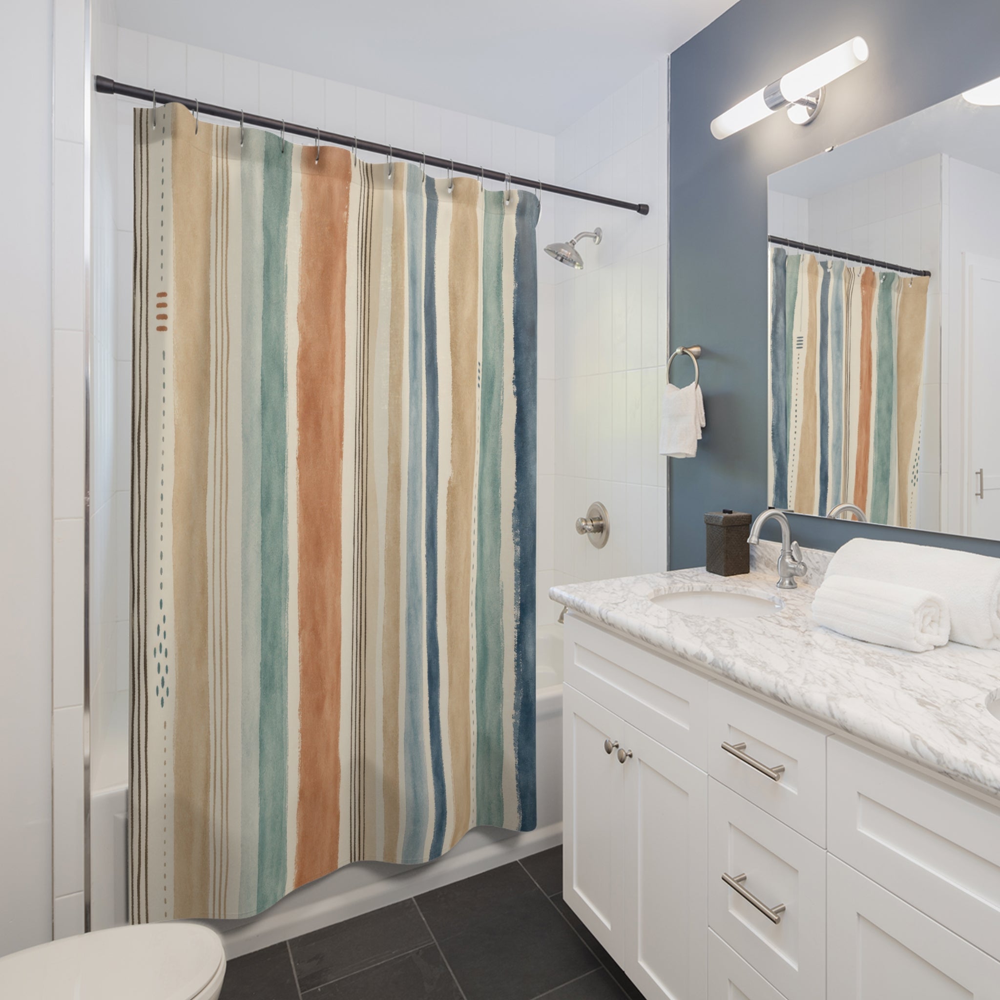 Aqua Blue Terracotta Stripe Shower Curtain