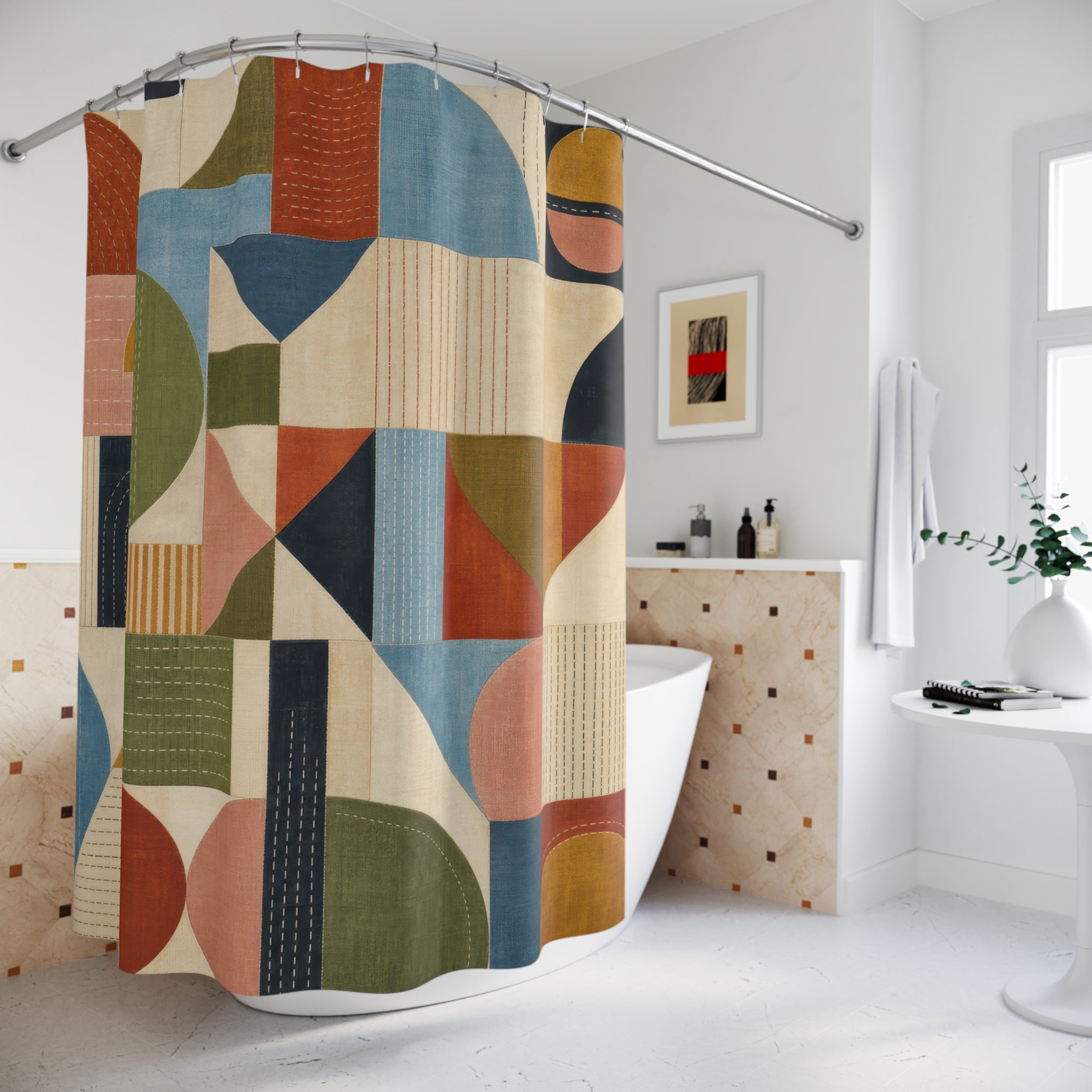 Unique Mid Century Shower Curtain, Modern Geometric Patchwork Art, Rust Teal Mustard Decor, Abstract Guest Bath, Retro Apartment Style